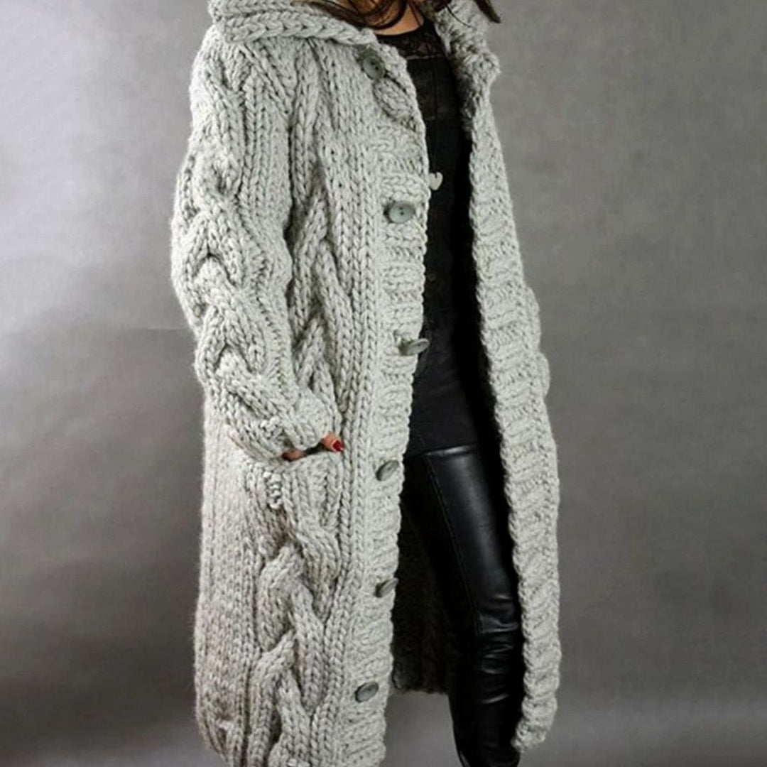 Women's Oversized Cable Knit Hooded Button Cardigan - Silver Gray