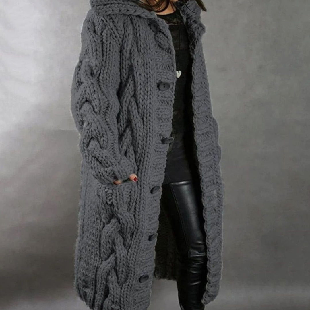 Women's Oversized Cable Knit Hooded Button Cardigan - Dark Gray
