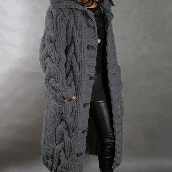 Women's Oversized Cable Knit Hooded Button Cardigan - Dark Gray