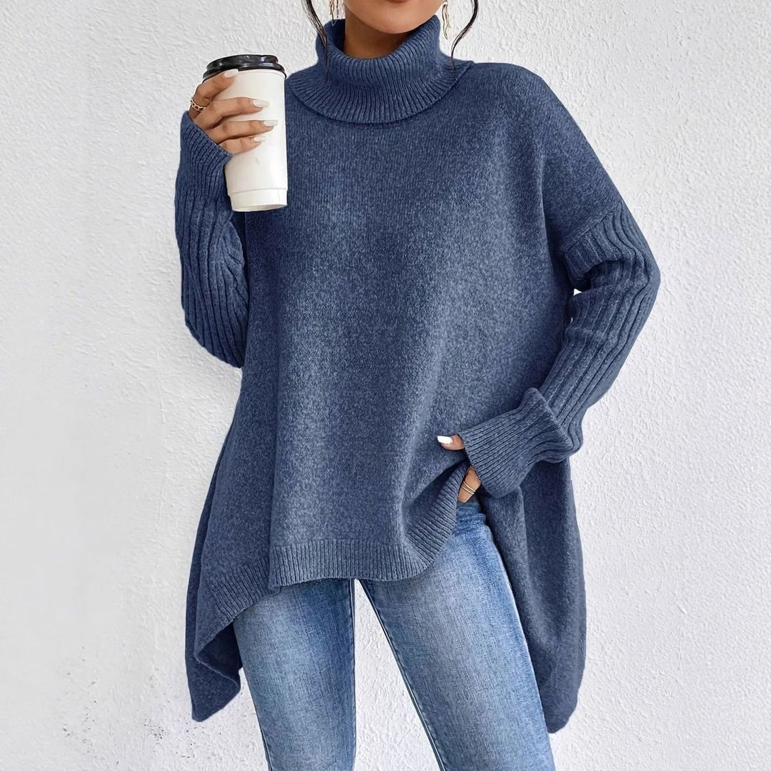 Women's Oversized Cashmere Turtleneck Sweater Asymmetric Hem - Navy