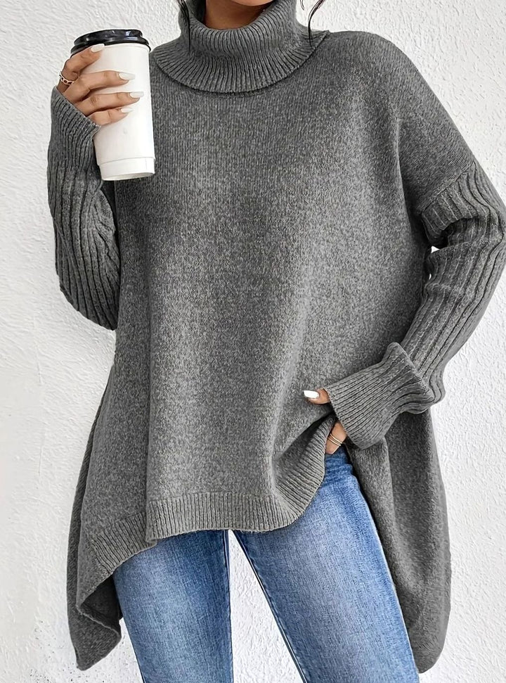 Women's Oversized Cashmere Turtleneck Sweater Asymmetric Hem - Gray