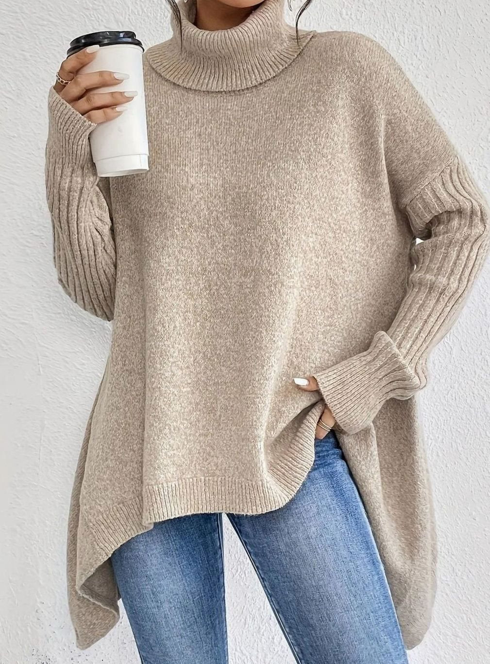 Women's Oversized Cashmere Turtleneck Sweater Asymmetric Hem - Apricot