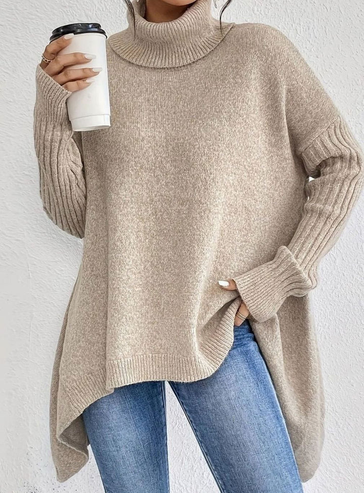 Women's Oversized Cashmere Turtleneck Sweater Asymmetric Hem - Apricot