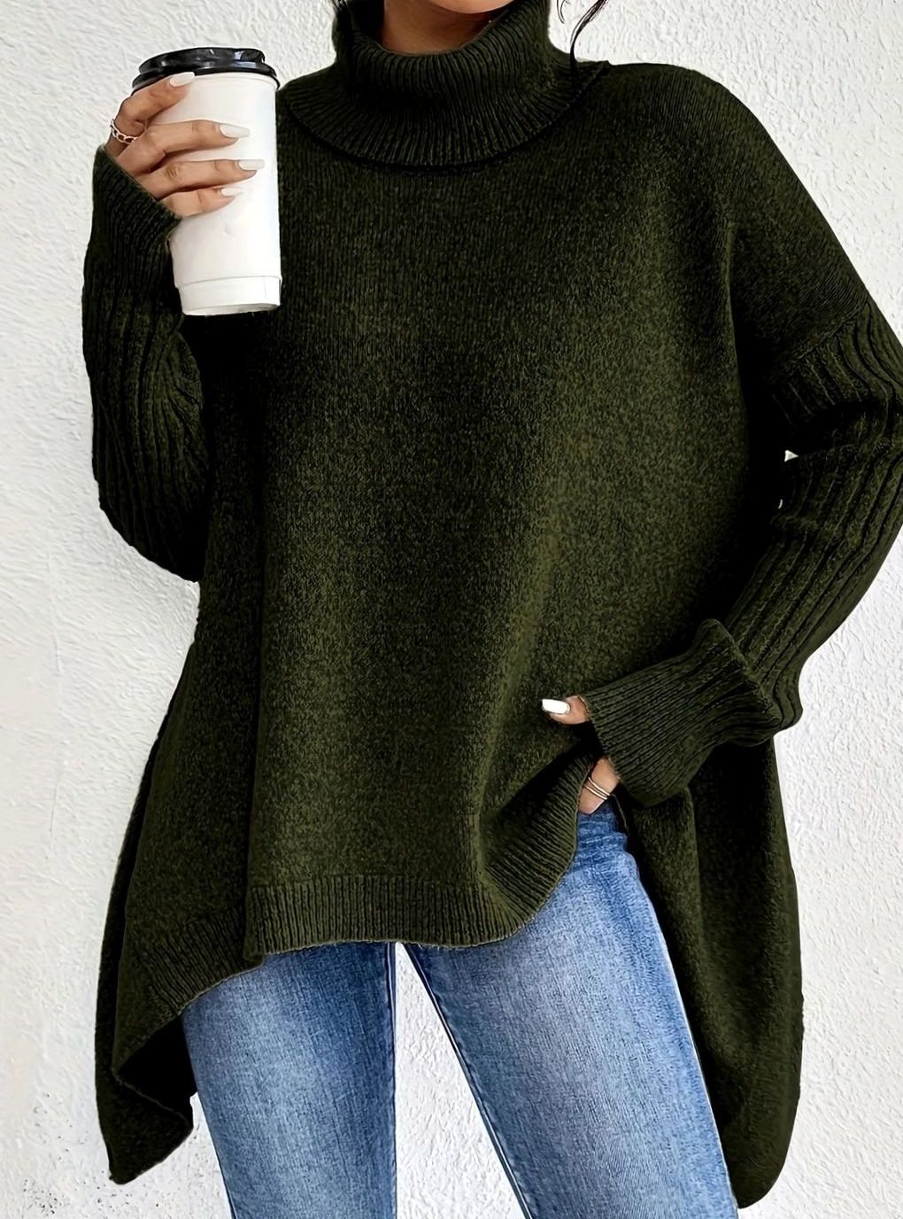 Women's Oversized Cashmere Turtleneck Sweater Asymmetric Hem - Dark Green