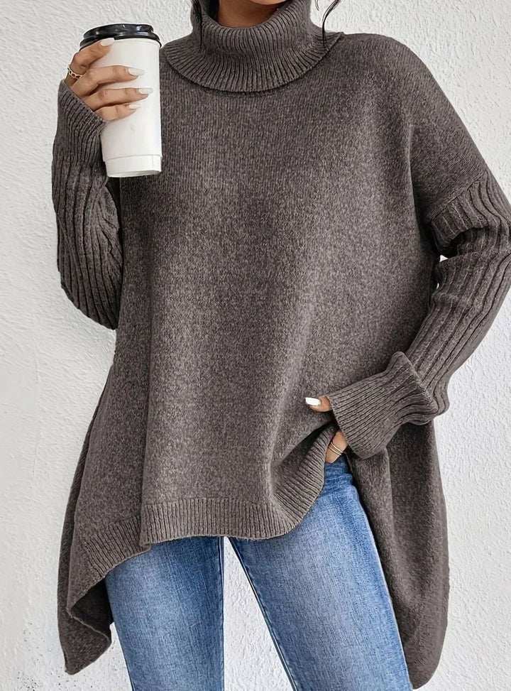 Women's Oversized Cashmere Turtleneck Sweater Asymmetric Hem - Light Brown