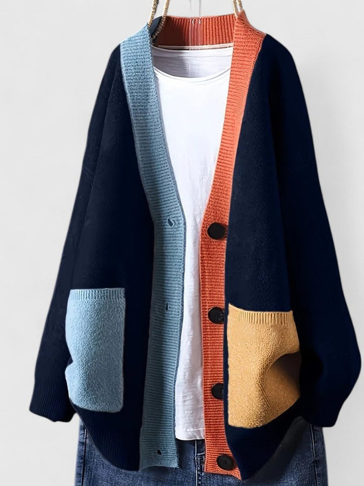 Women's Oversized Color-Block Button-Front Knit Cardigan - Navy Blue