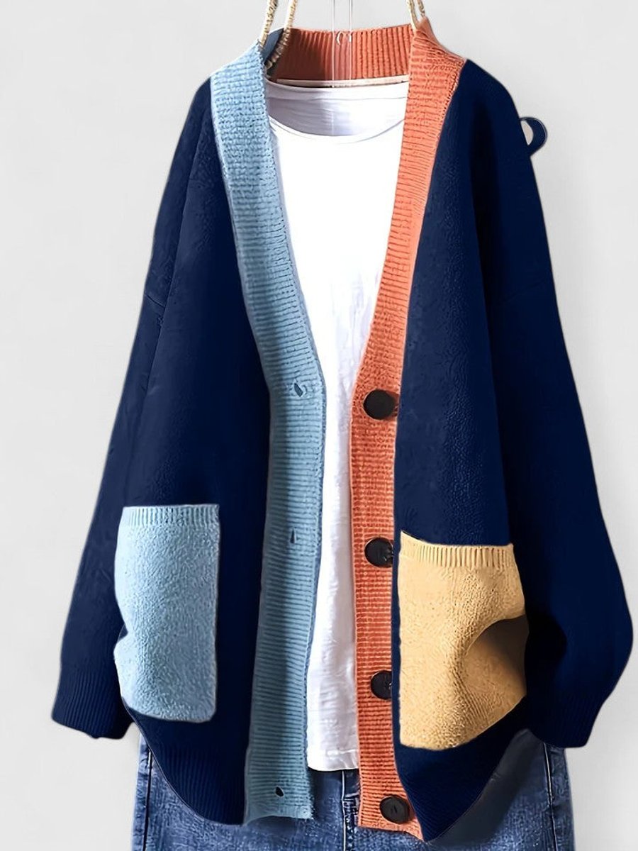Women's Oversized Color-Block Button-Front Knit Cardigan - Blue