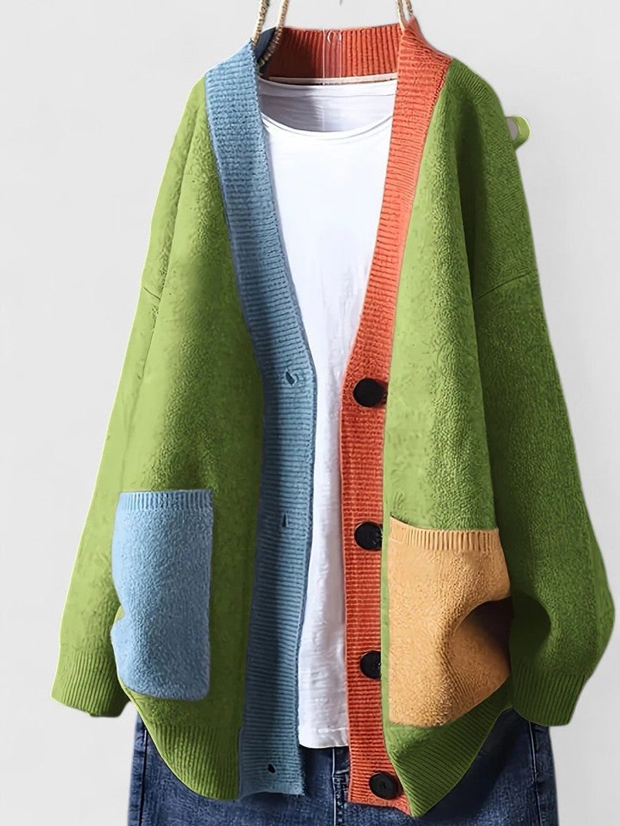 Women's Oversized Color-Block Button-Front Knit Cardigan - Green