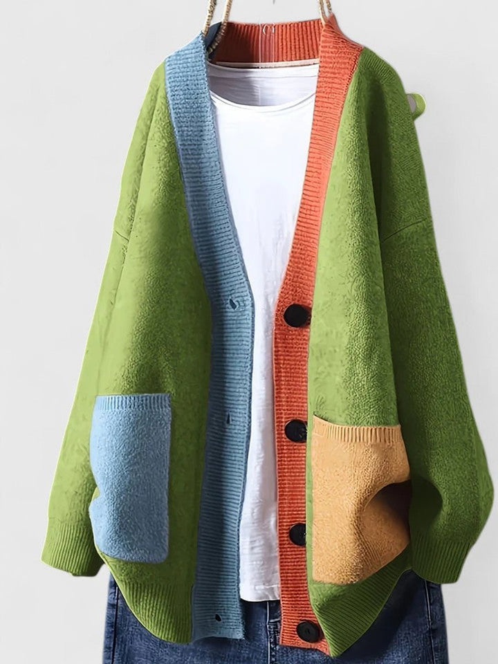 Women's Oversized Color-Block Button-Front Knit Cardigan - Green