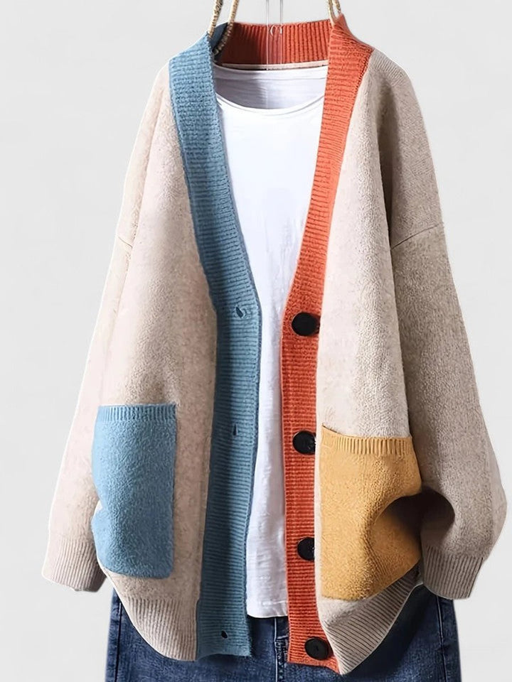 Women's Oversized Color-Block Button-Front Knit Cardigan - Beige
