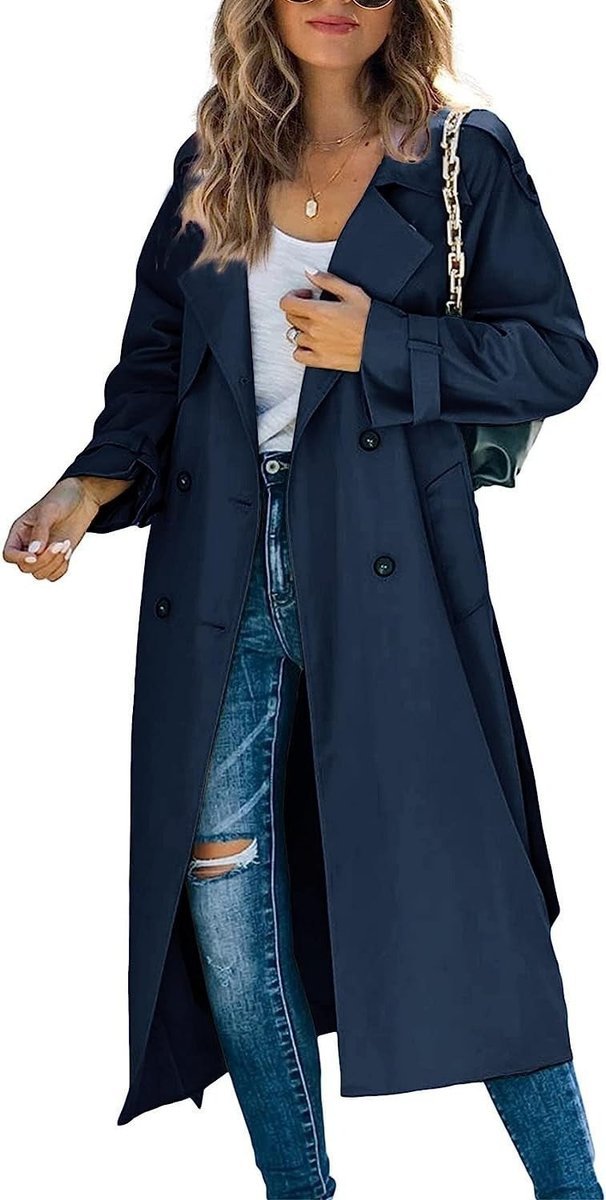 Women's Oversized Double-Breasted Belted Longline Trench Coat - Navy Blue