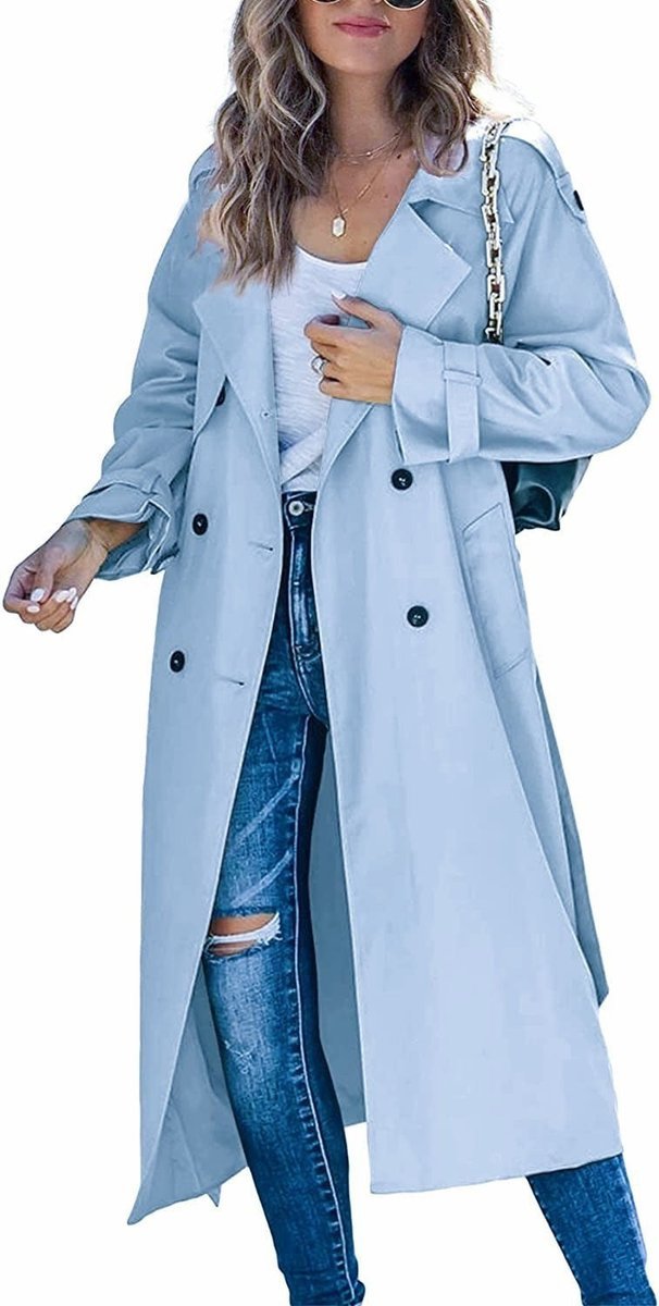 Women's Oversized Double-Breasted Belted Longline Trench Coat - Sky Blue