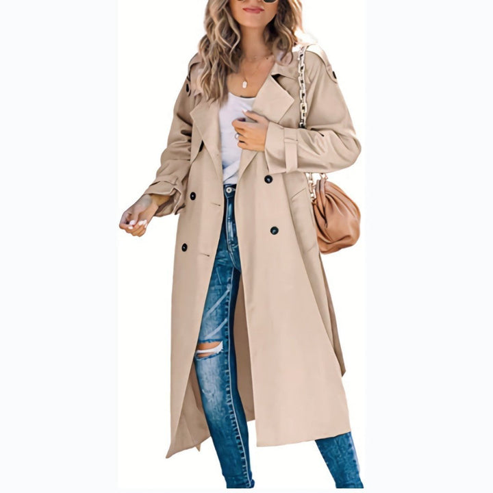 Women's Oversized Double-Breasted Belted Longline Trench Coat - Khaki