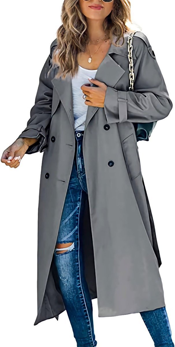 Women's Oversized Double-Breasted Belted Longline Trench Coat - Grey