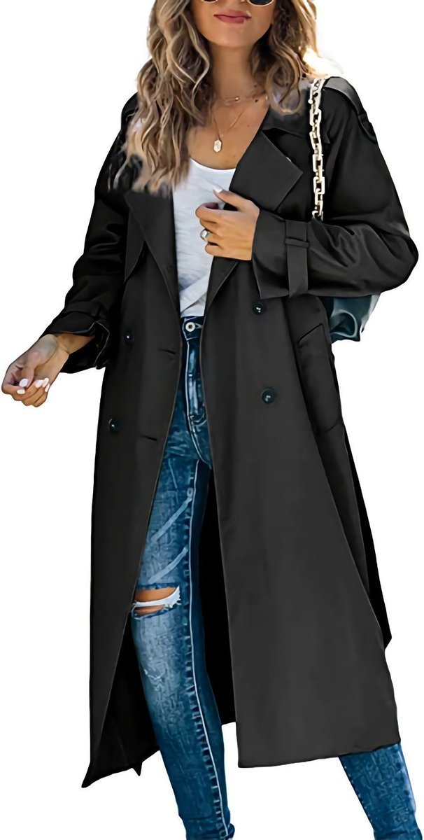 Women's Oversized Double-Breasted Belted Longline Trench Coat - Black