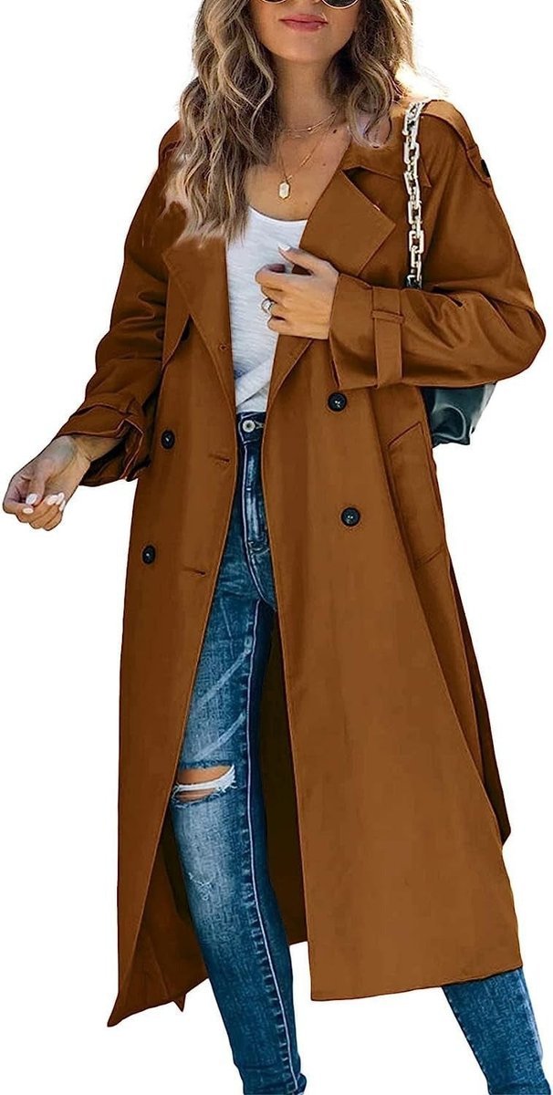 Women's Oversized Double-Breasted Belted Longline Trench Coat - Brown