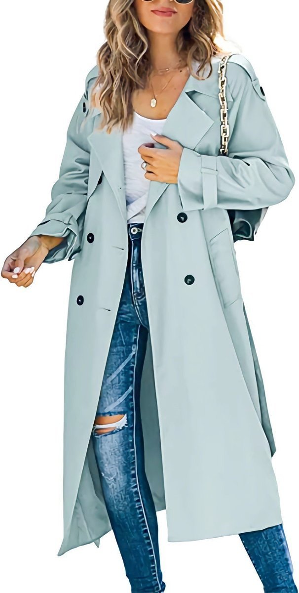 Women's Oversized Double-Breasted Belted Longline Trench Coat - Light Green
