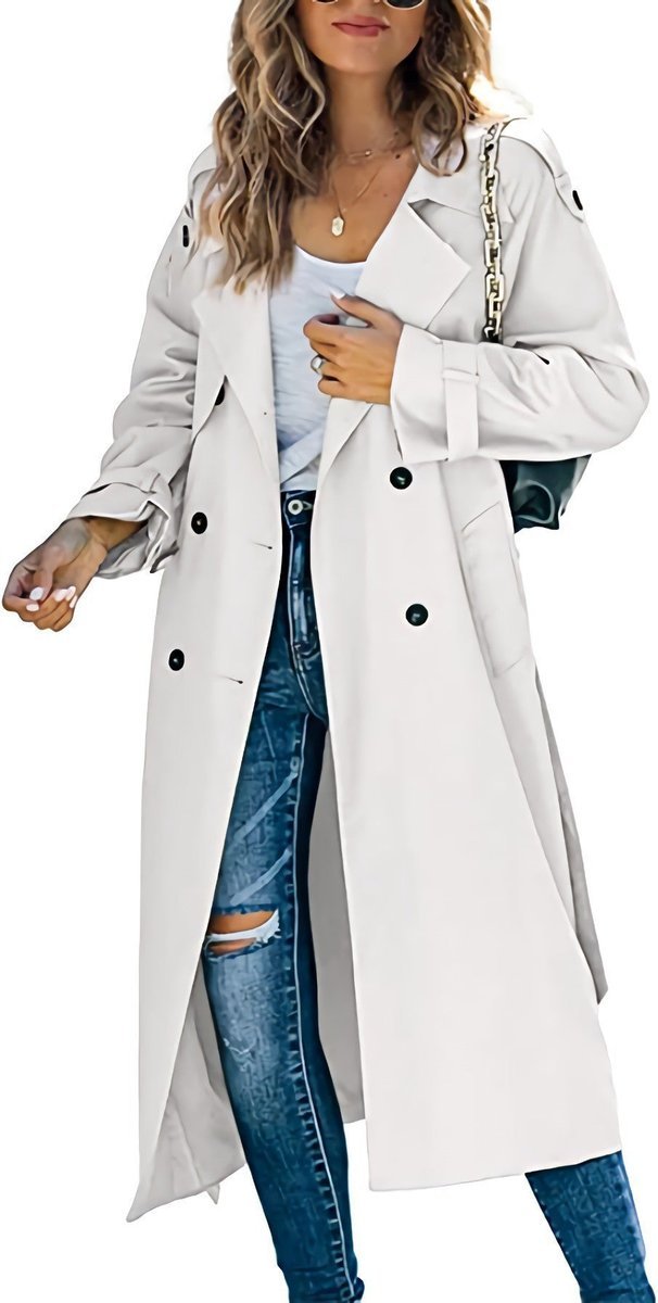 Women's Oversized Double-Breasted Belted Longline Trench Coat - White