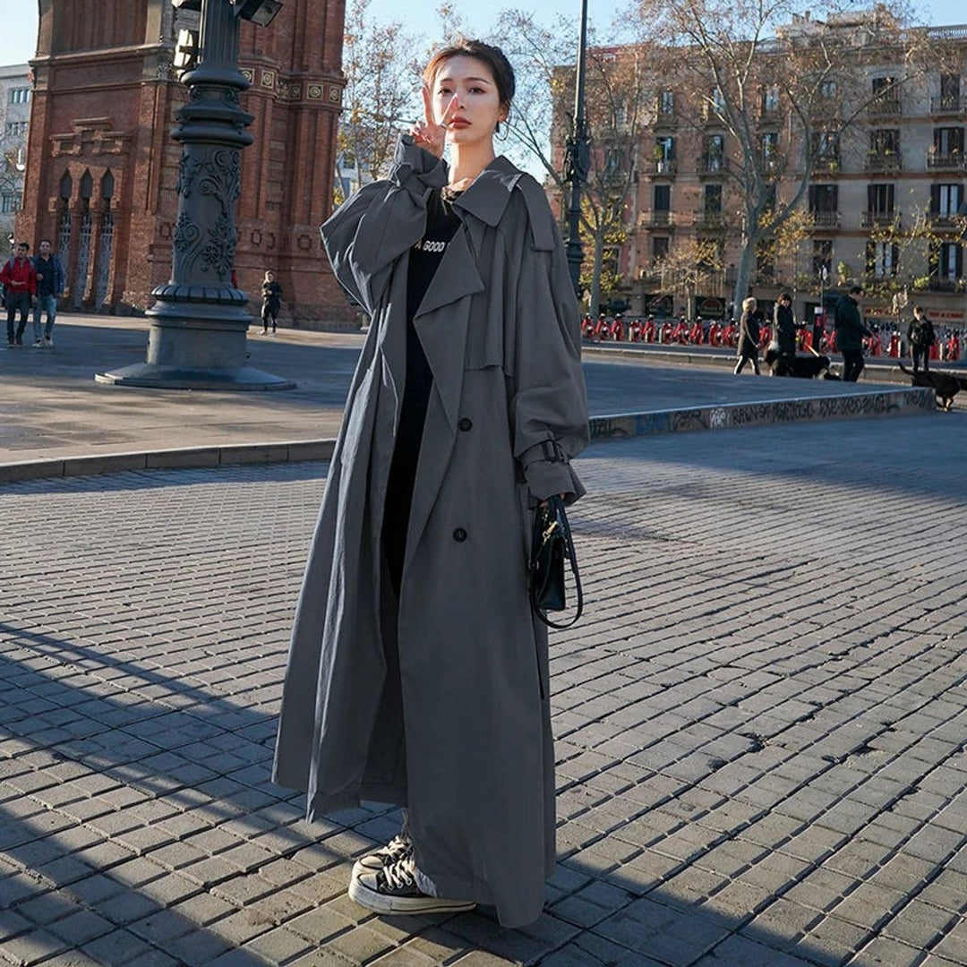 Women's Oversized Double-Breasted Maxi Longline Trench Coat - Gray