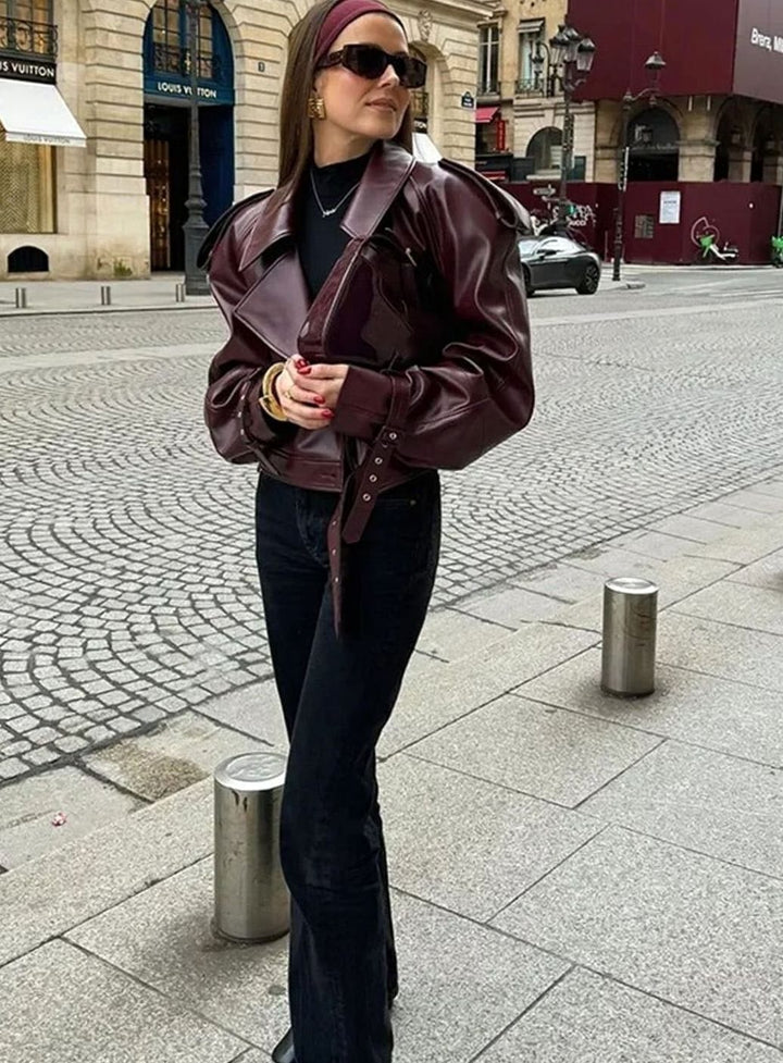 Women's Oversized Faux Leather Belted Moto Jacket