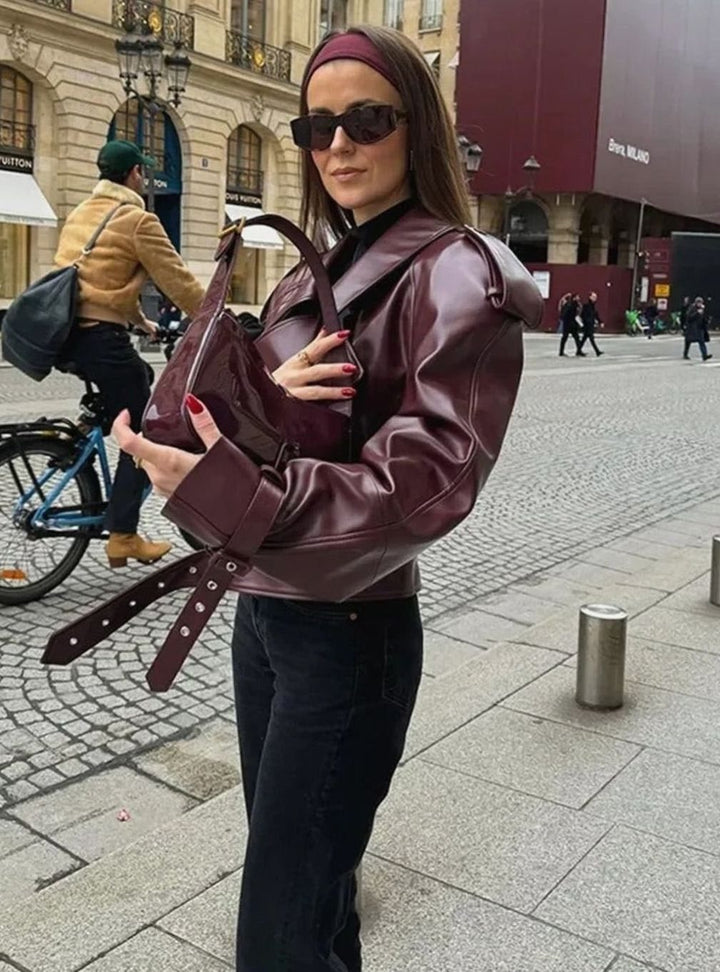 Women's Oversized Faux Leather Belted Moto Jacket