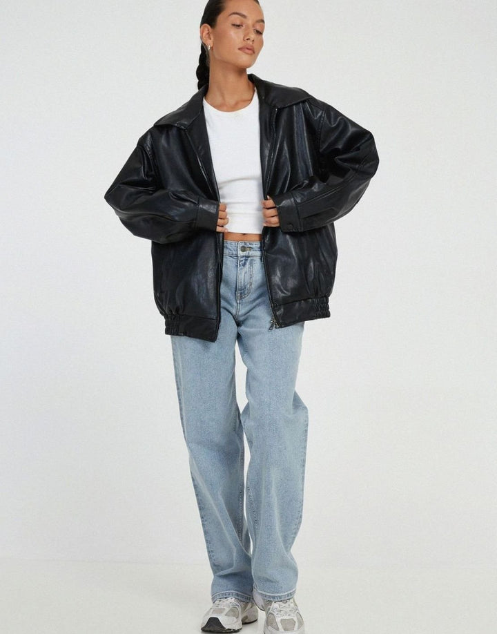 Women's Oversized Faux Leather Zip-Up Bomber Jacket - Black