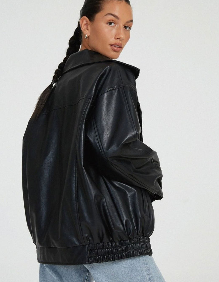 Women's Oversized Faux Leather Zip-Up Bomber Jacket