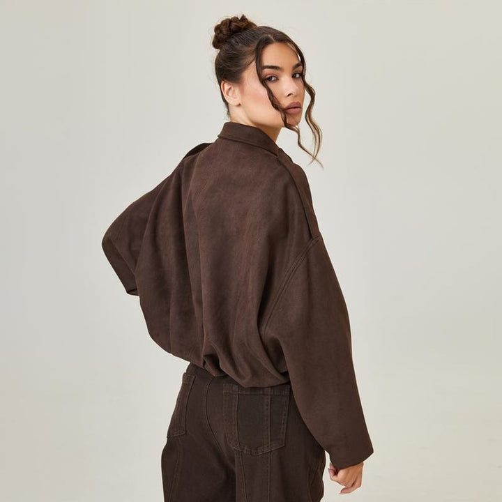 Women's Oversized Faux Suede Satin-Lined Vintage Bomber Jacket
