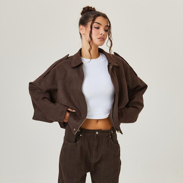 Women's Oversized Faux Suede Satin-Lined Vintage Bomber Jacket - Brown