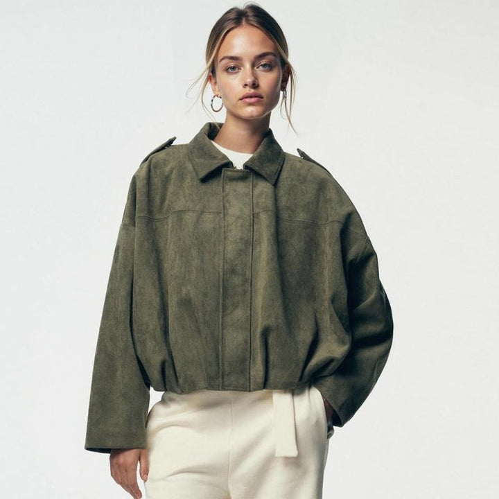 Women's Oversized Faux Suede Satin-Lined Vintage Bomber Jacket - Olive