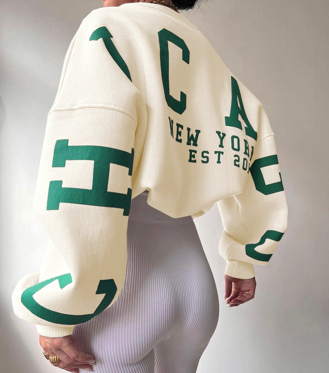 Women's Oversized Fleece-Lined Varsity Graphic Crewneck Sweatshirt