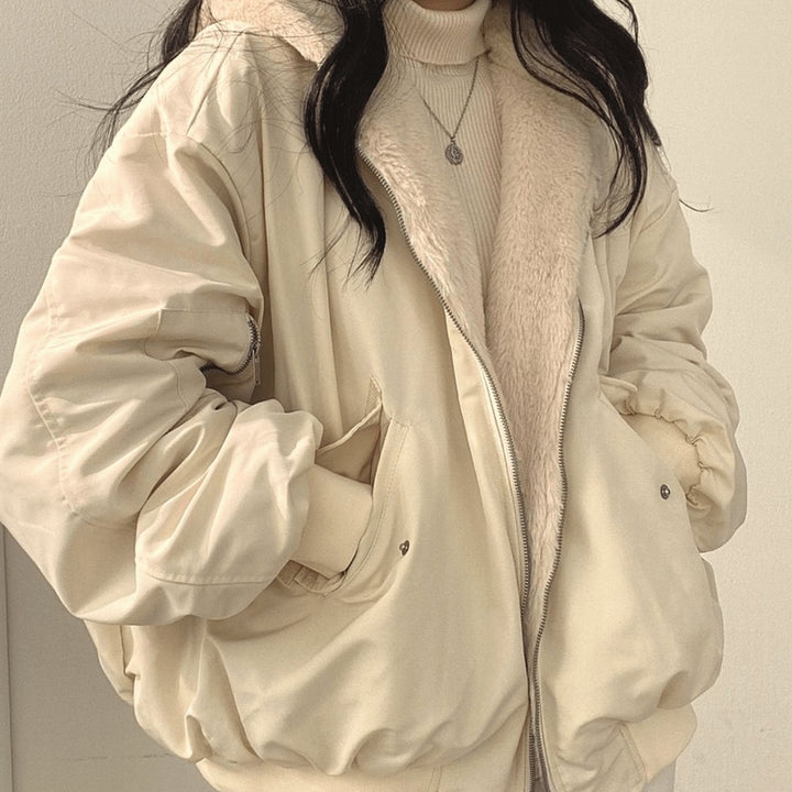 Women's Oversized Fleece-Lined Zip-Up Winter Jacket - Beige