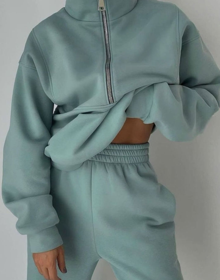 Women's Oversized Half-Zip Crop Pullover Two-Piece Set