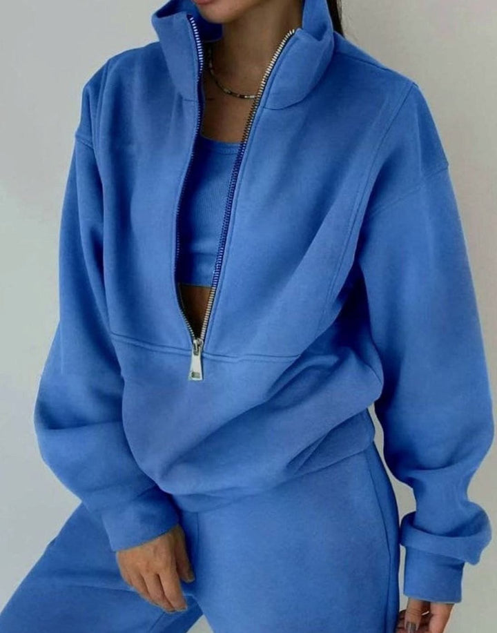 Women's Oversized Half-Zip Crop Pullover Two-Piece Set - Blue