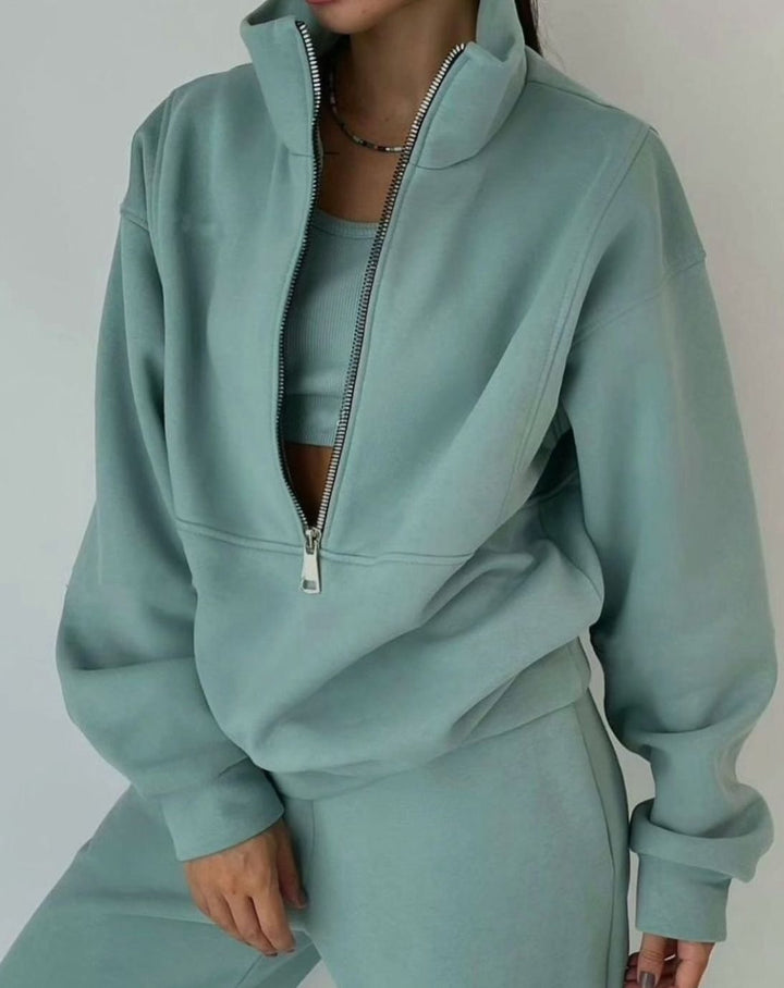 Women's Oversized Half-Zip Crop Pullover Two-Piece Set - Green