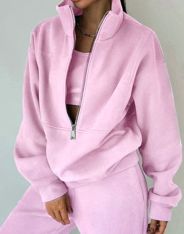 Women's Oversized Half-Zip Crop Pullover Two-Piece Set - Pink