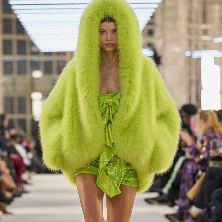 Women's Oversized Hooded Faux Fur Winter Coat - Green