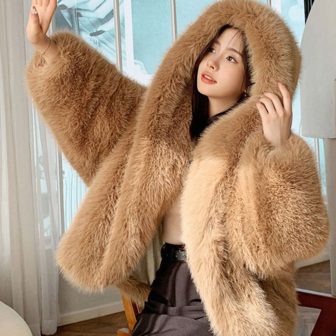 Women's Oversized Hooded Faux Fur Winter Coat - Brown