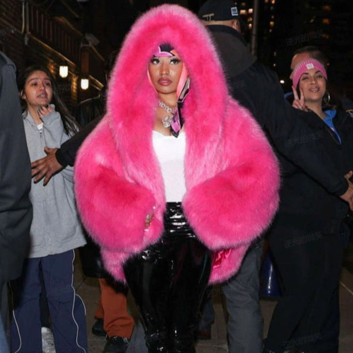 Women's Oversized Hooded Faux Fur Winter Coat - Rose Red
