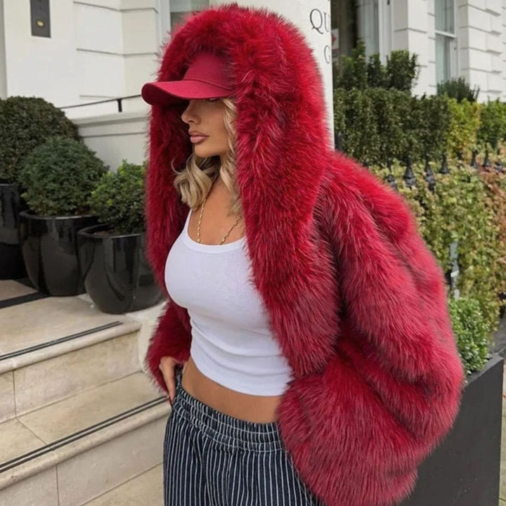 Women's Oversized Hooded Faux Fur Winter Coat - Red