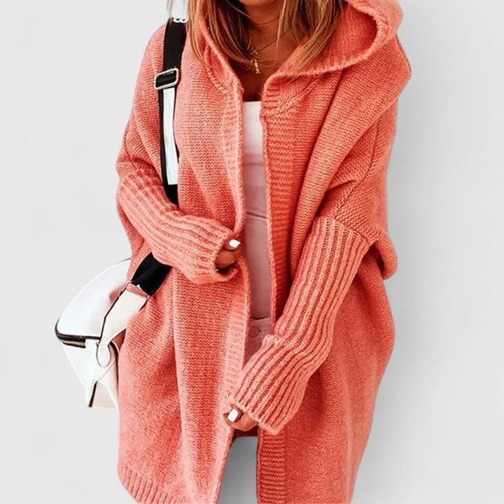 Women's Oversized Hooded Knee-Length Open-Front Knit Cardigan - Orange