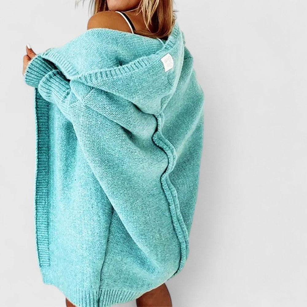 Women's Oversized Hooded Knee-Length Open-Front Knit Cardigan