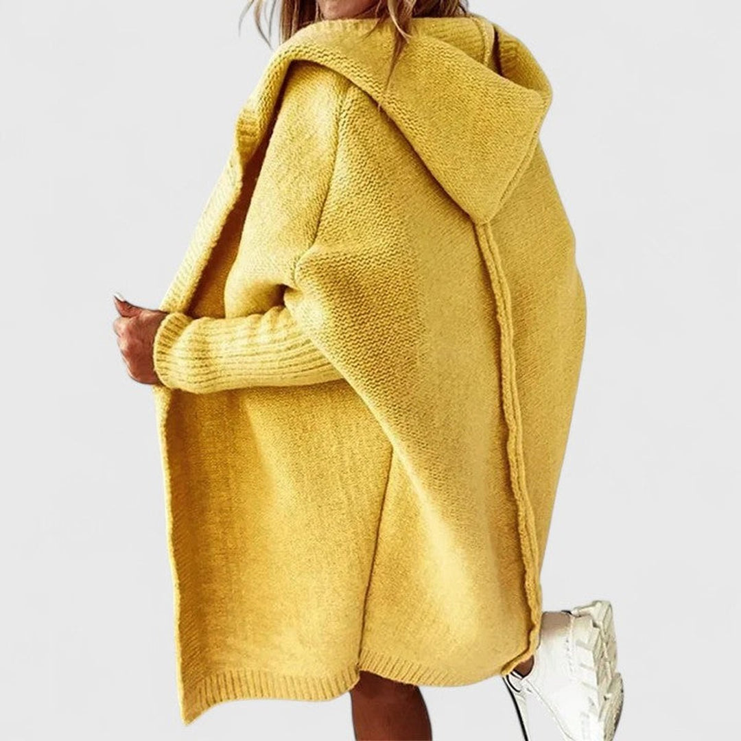 Women's Oversized Hooded Knee-Length Open-Front Knit Cardigan - Yellow
