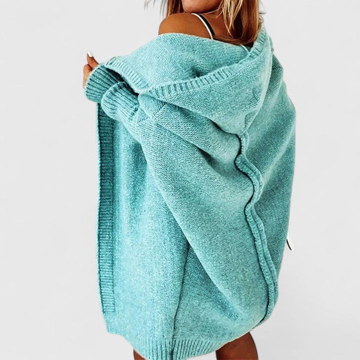 Women's Oversized Hooded Knee-Length Open-Front Knit Cardigan - Blue