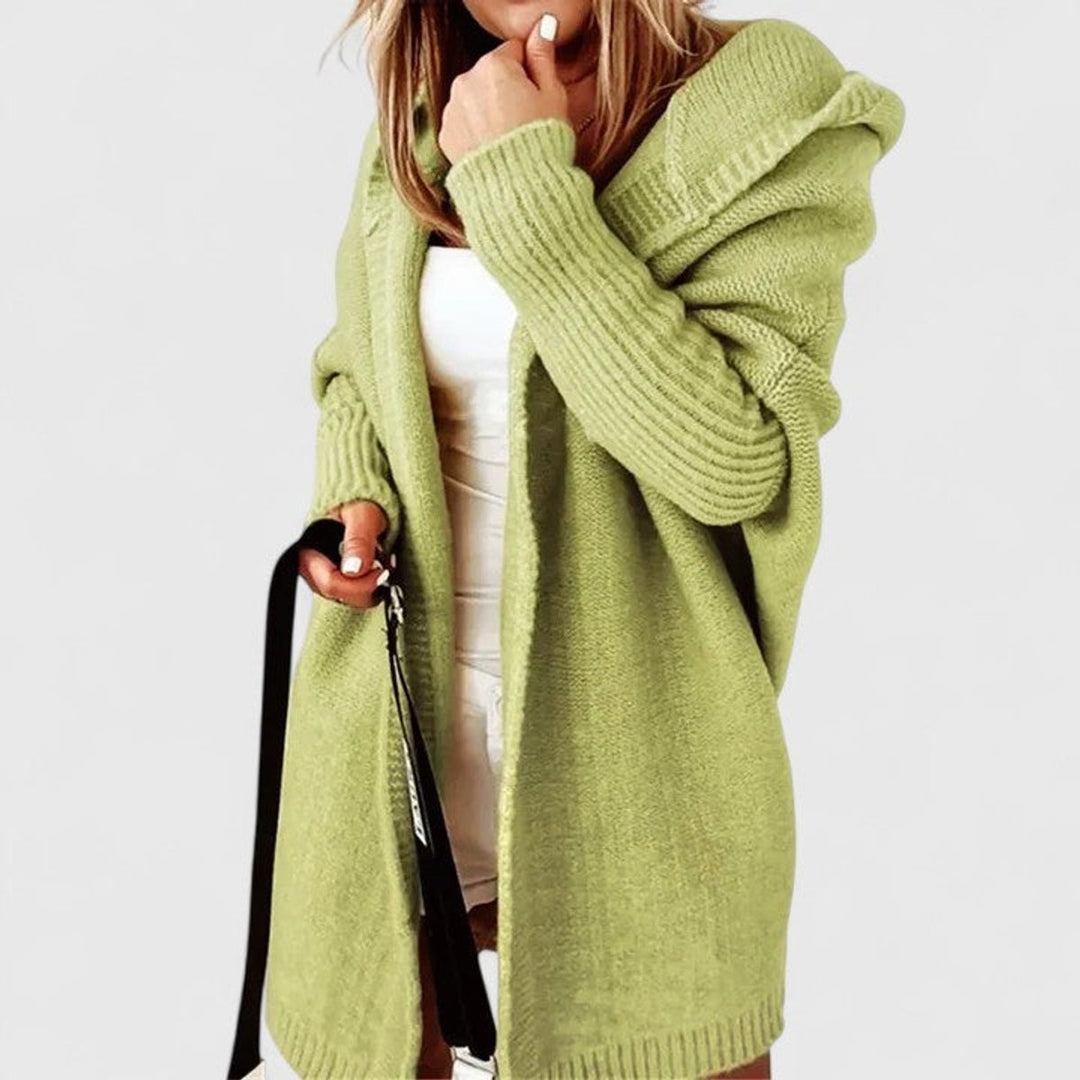 Women's Oversized Hooded Knee-Length Open-Front Knit Cardigan - Green