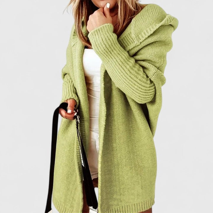 Women's Oversized Hooded Knee-Length Open-Front Knit Cardigan - Green
