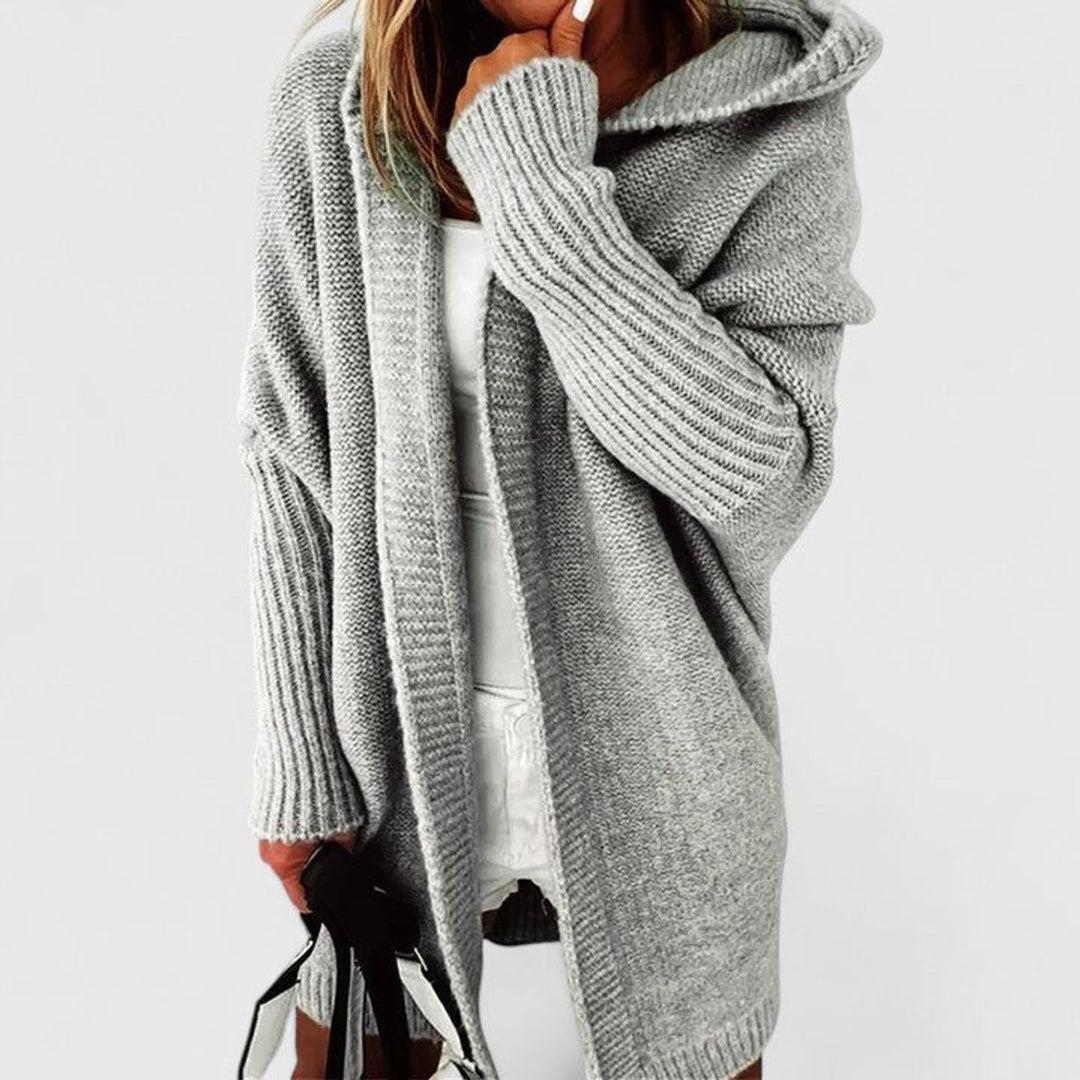 Women's Oversized Hooded Knee-Length Open-Front Knit Cardigan - Gray