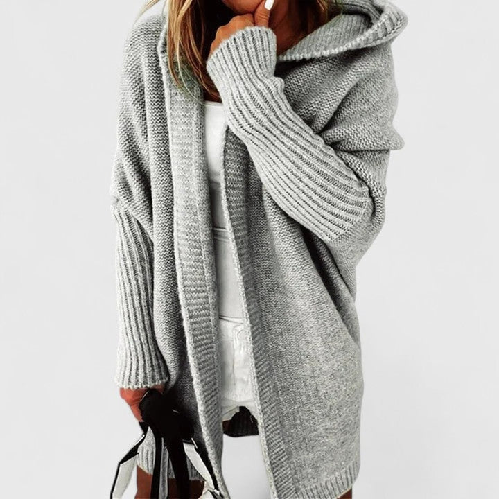 Women's Oversized Hooded Knee-Length Open-Front Knit Cardigan - Gray