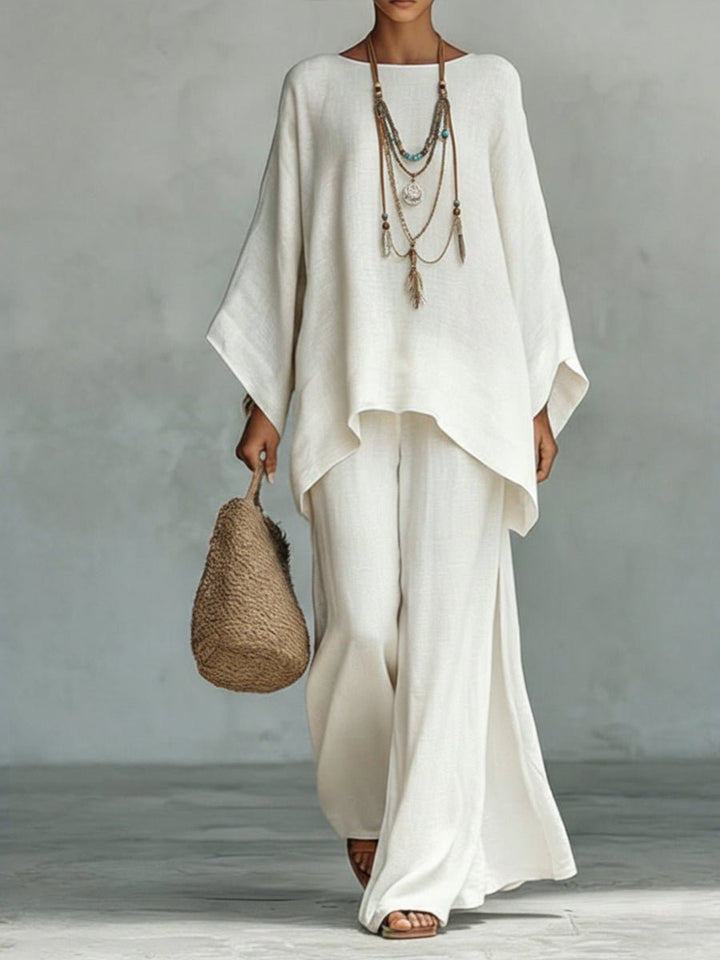 Women's Oversized Linen Batwing-Sleeve Top Wide-Leg Pants Set - White