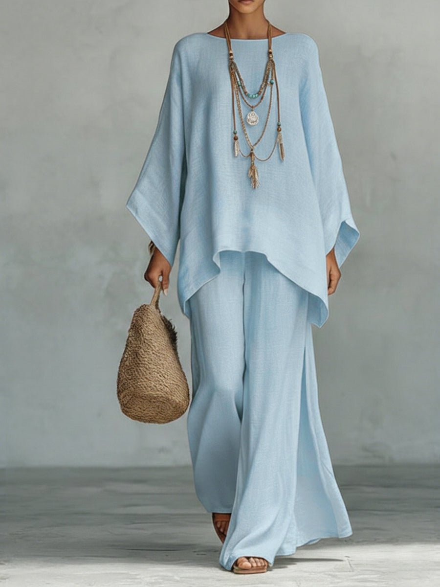 Women's Oversized Linen Batwing-Sleeve Top Wide-Leg Pants Set - Light Blue